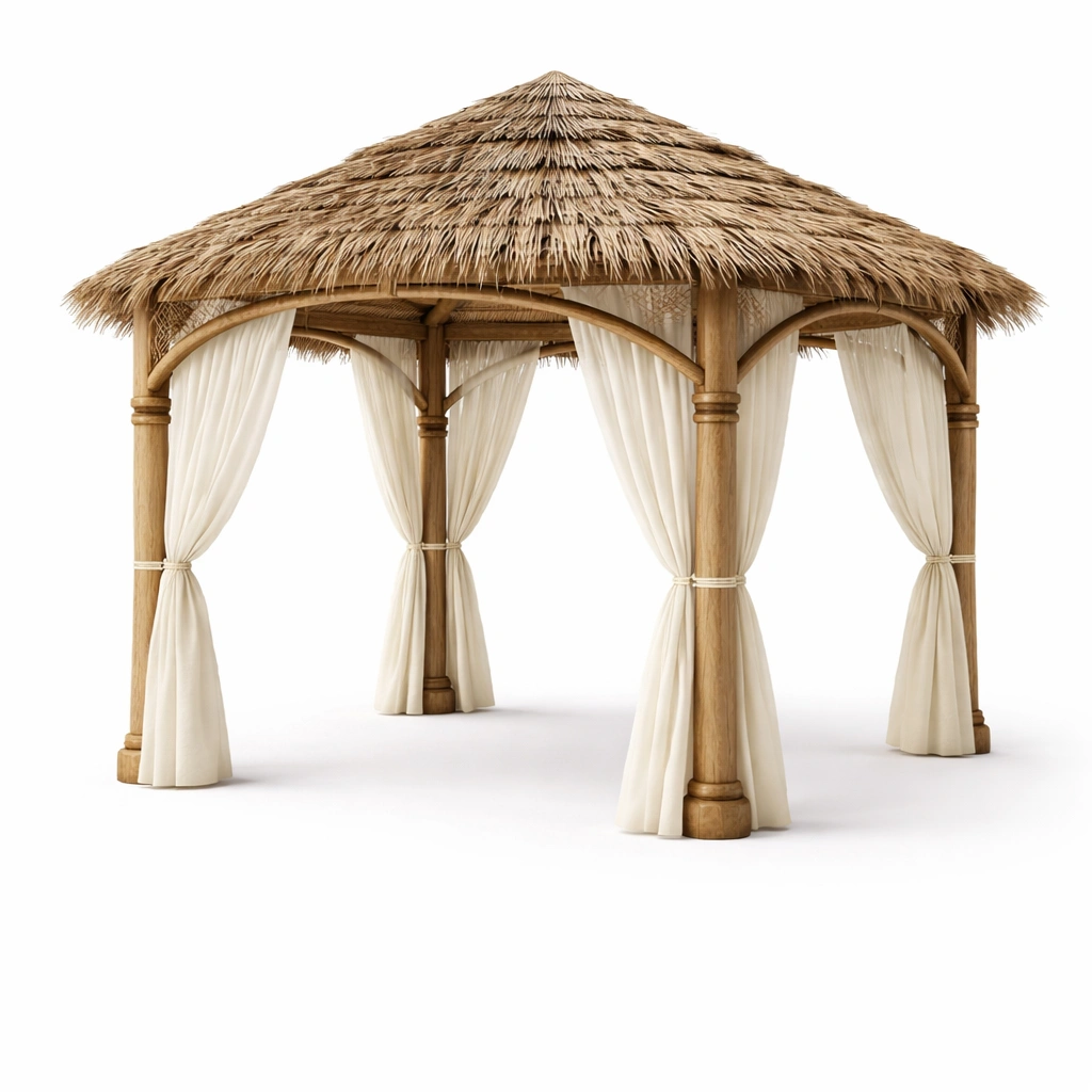 Gazebo extrieur toit chaume naturel avec rideaux-nestavoa
