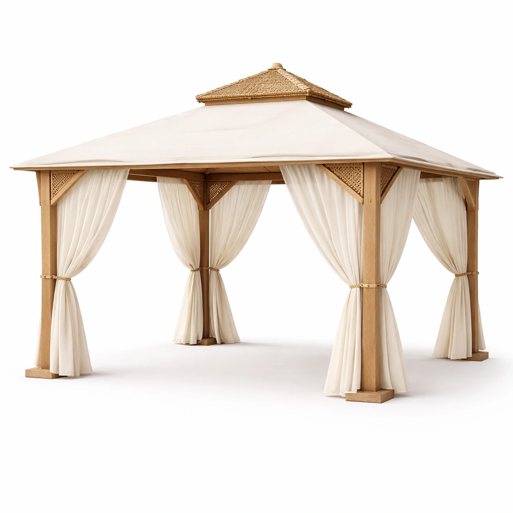 Pavillon de jardin beige avec rideaux et toit double-nestavoa