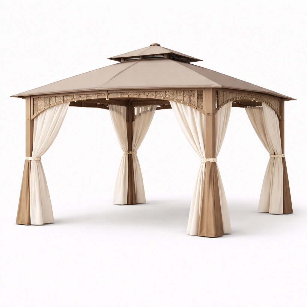 Gazebo taupe toit rigide avec rideaux crme-nestavoa