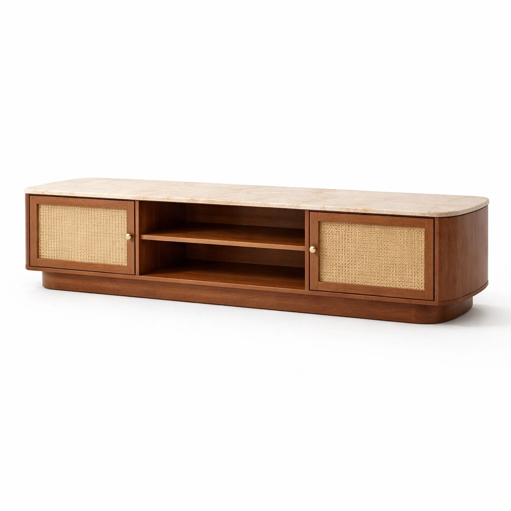 Meuble TV noyer avec cannage et plateau pierre-nestavoa