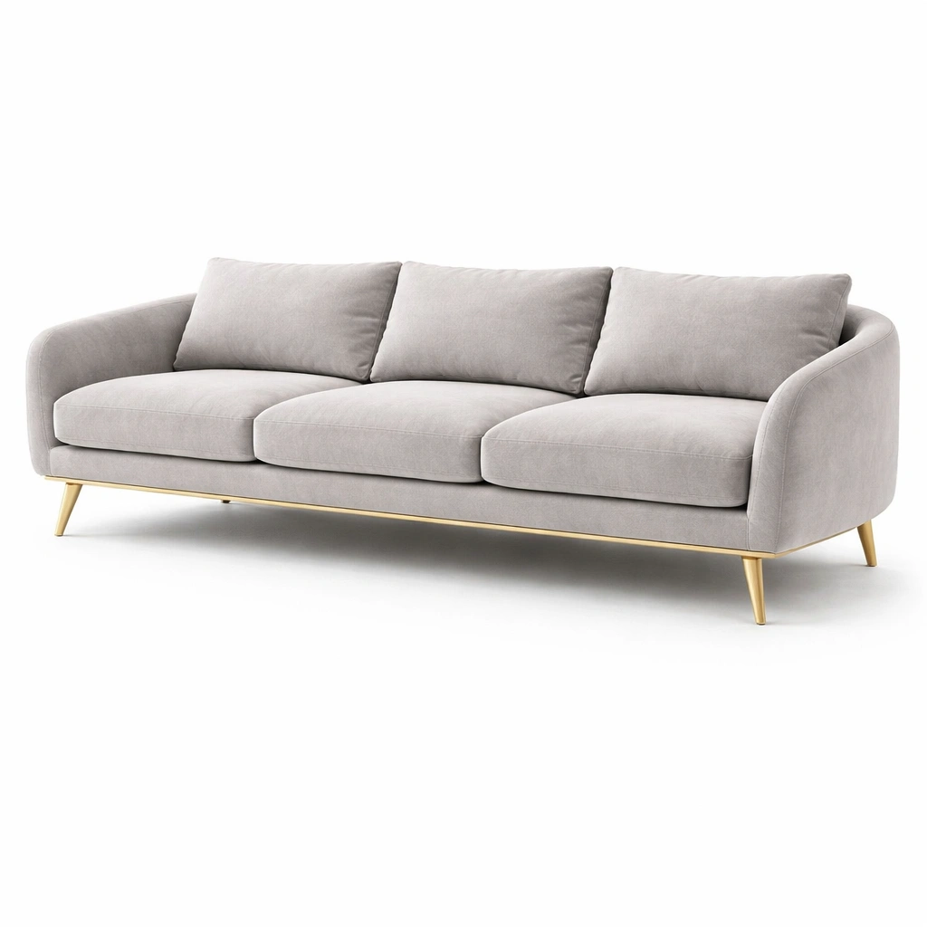 Canap 3 places en tissu gris perle avec pieds dors-cozyniq