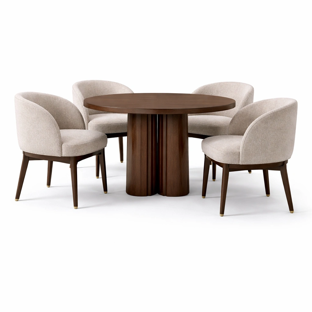 Ensemble table ronde noyer avec 4 fauteuils crme-cozyniq