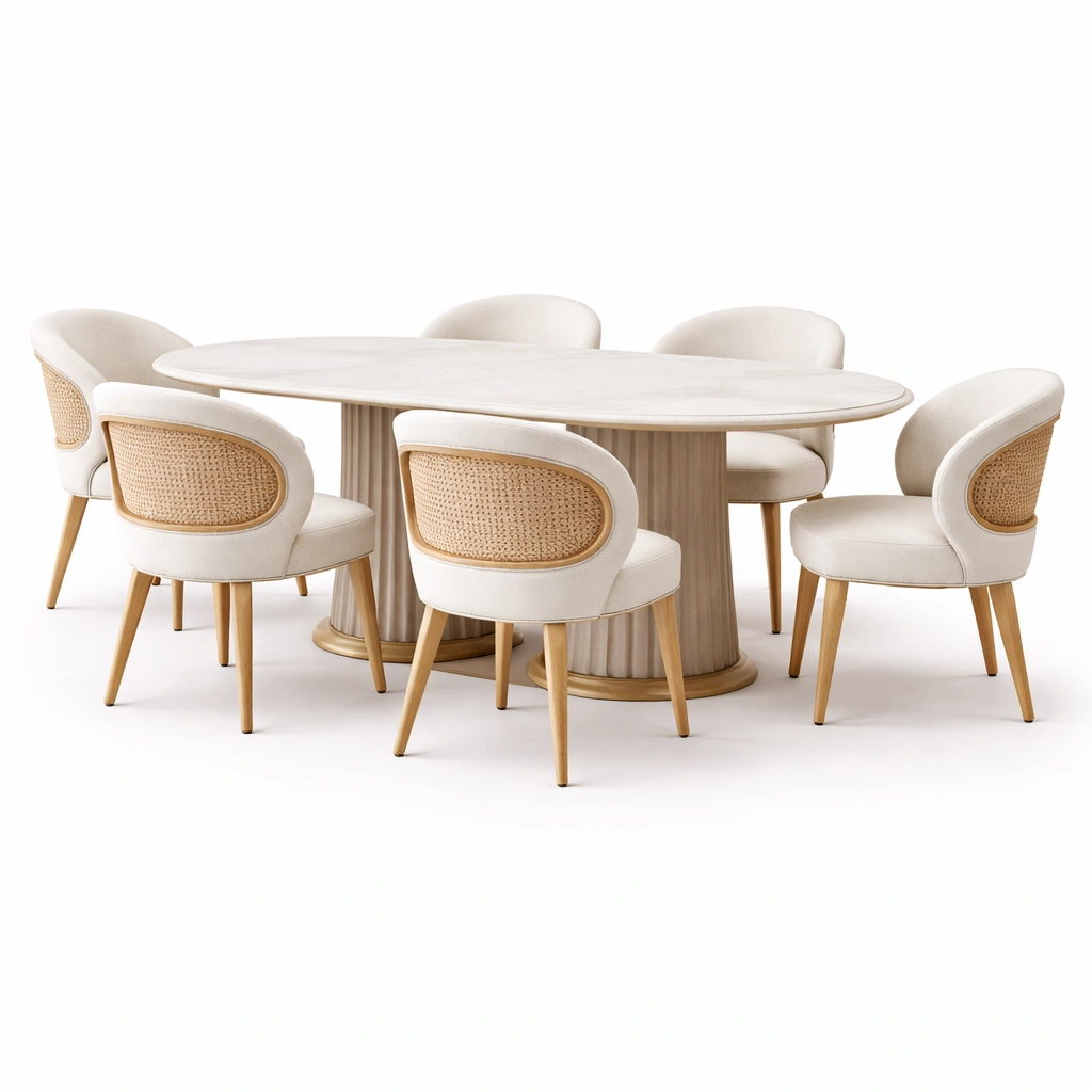 Ensemble table ovale effet marbre avec 6 chaises cannage-cozyniq