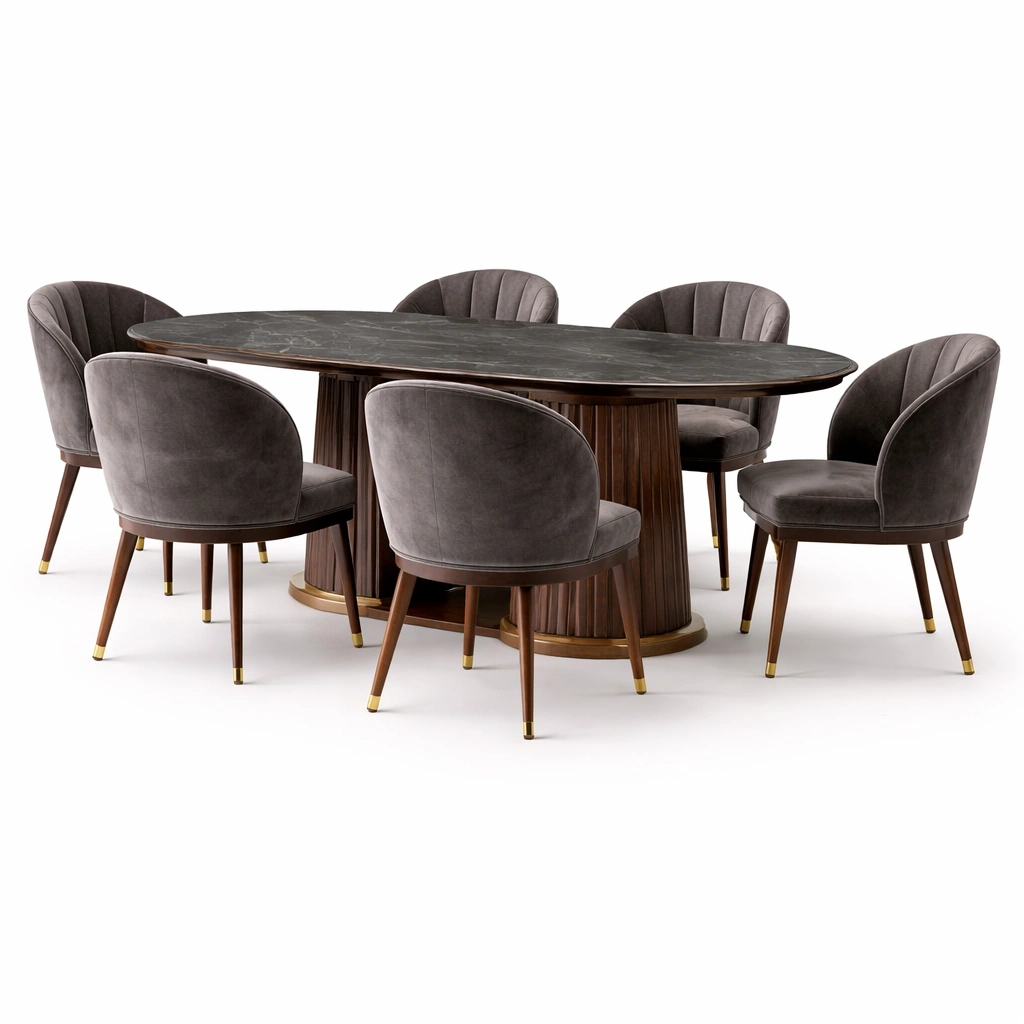 Ensemble table ovale noire avec 6 fauteuils velours gris-cozyniq