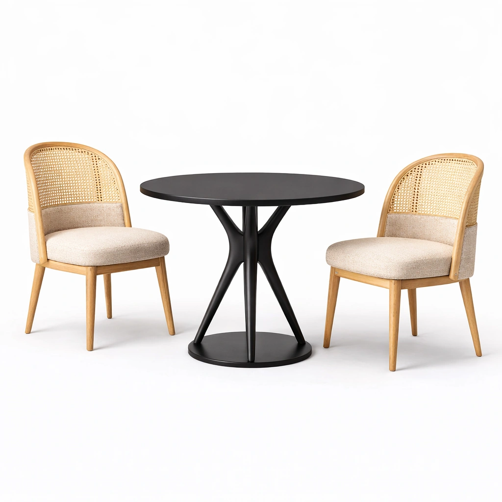 Ensemble bistrot rond noir avec 2 chaises cannage-cozyniq