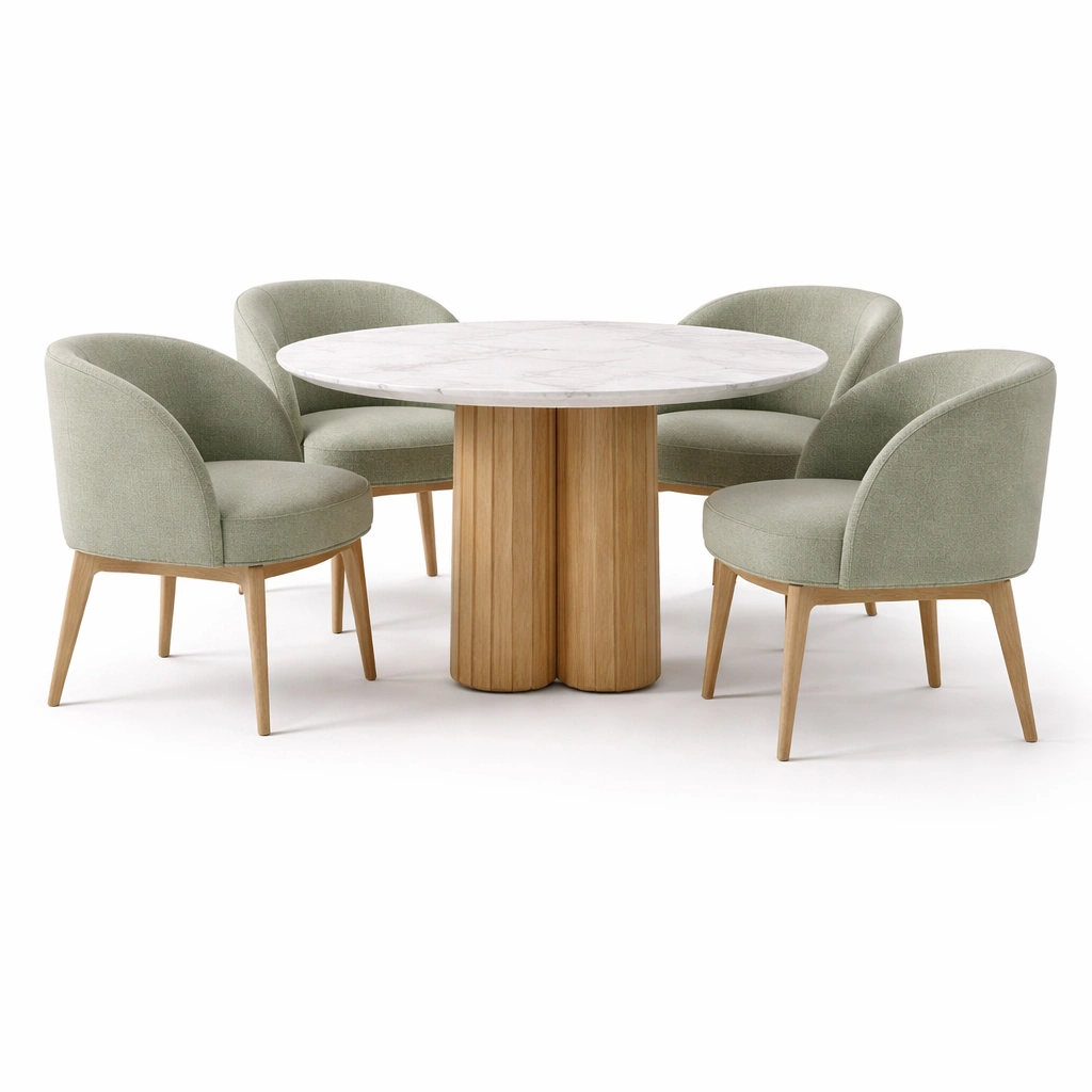 Ensemble table ronde marbre blanc avec 4 fauteuils vert sauge-cozyniq