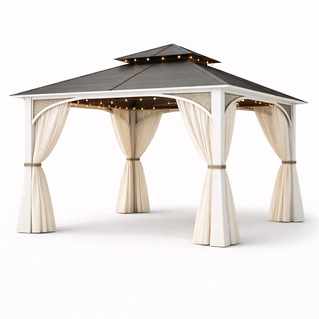 Gazebo de jardin aluminium blanc avec rideaux crme-cozyniq