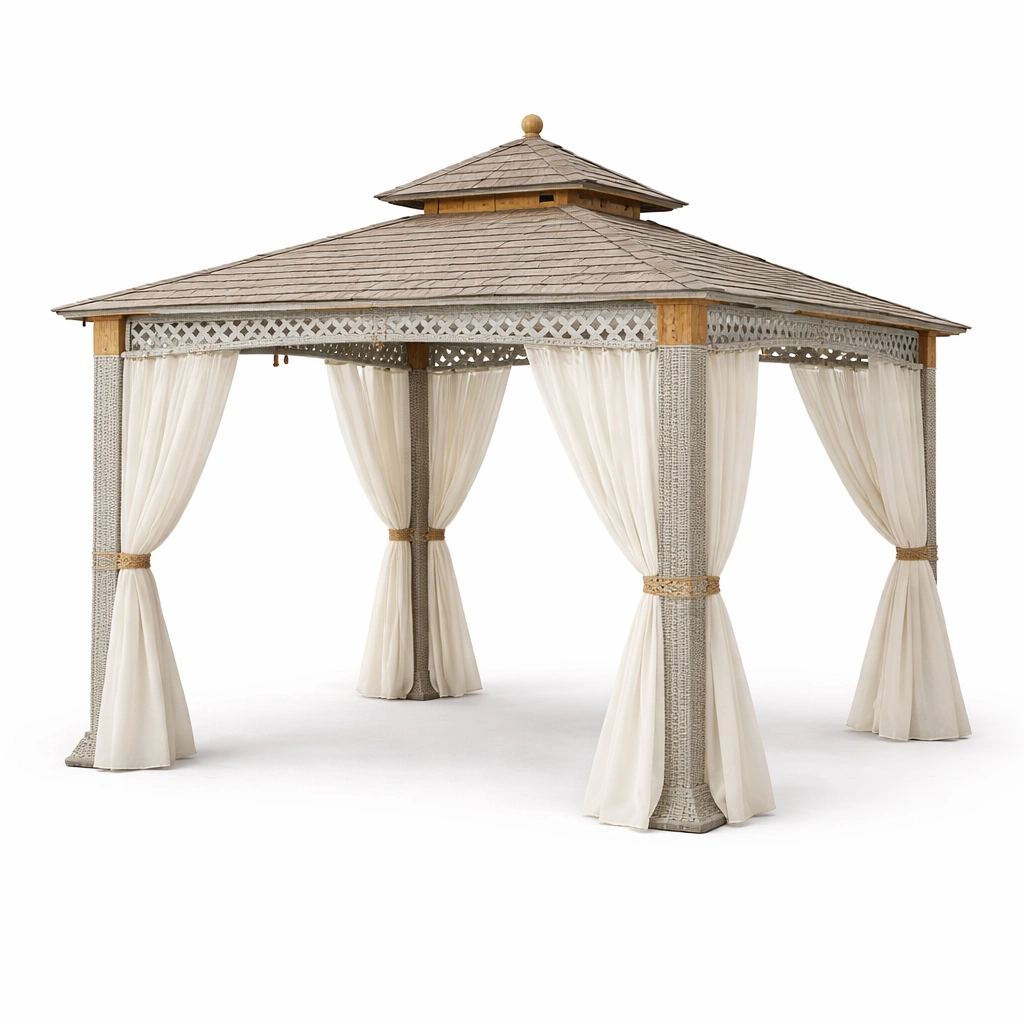 Gazebo bois naturel avec rideaux crus-cozyniq