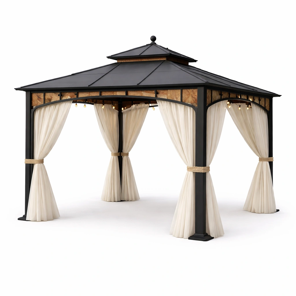Gazebo mtal noir toit rigide avec rideaux-cozyniq