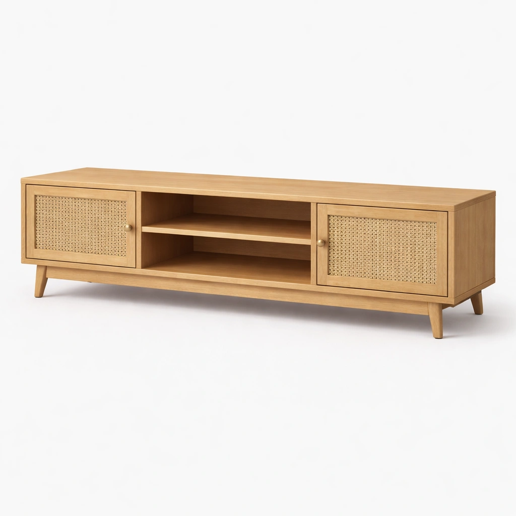 Meuble TV bois naturel avec portes cannage-cozyniq