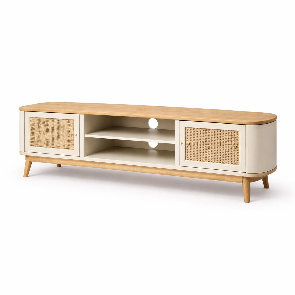 Meuble TV crme et bois avec cannage-cozyniq