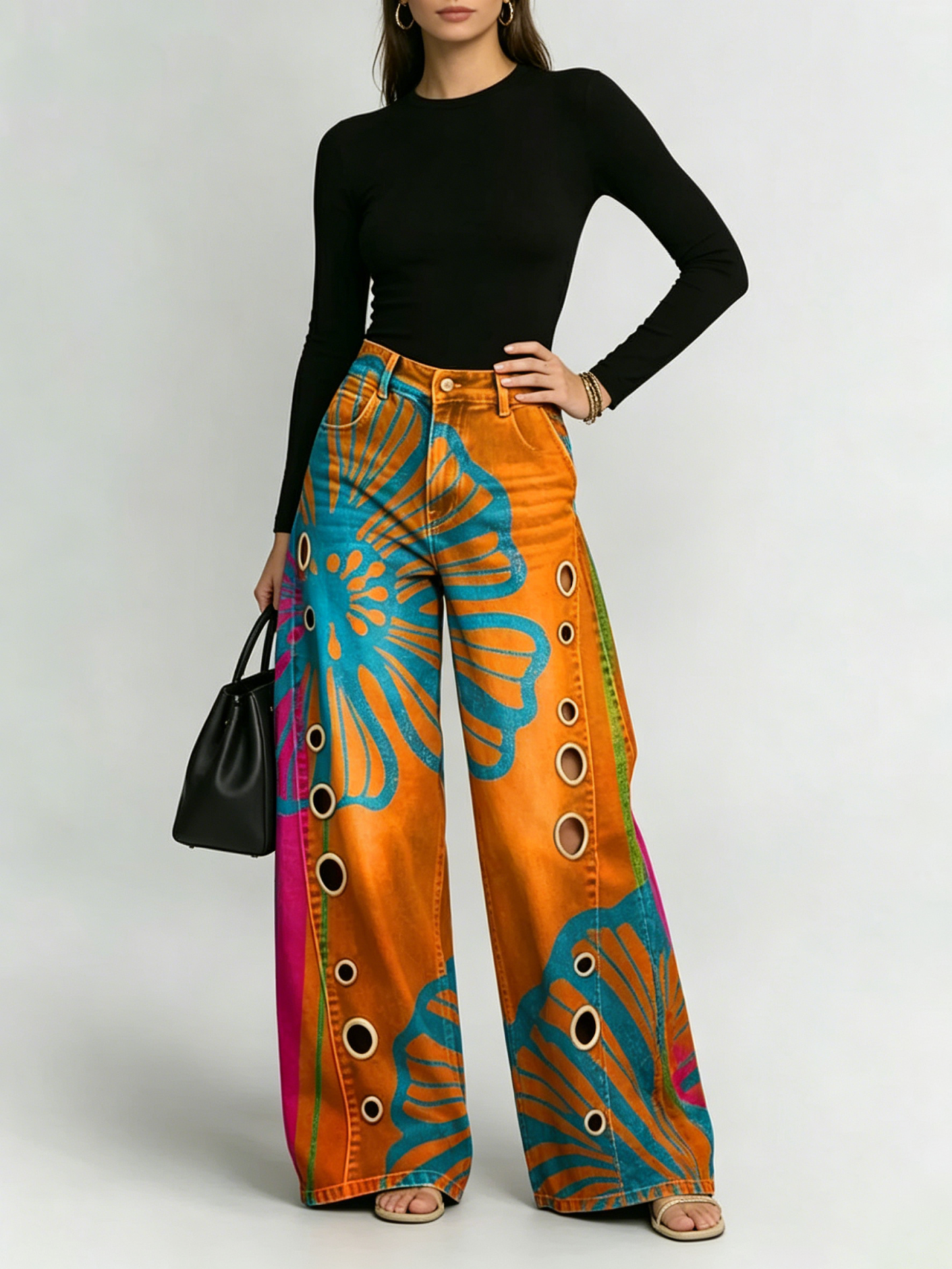 Women's Retro Floral Art Print Casual Stylish Hollow Pants