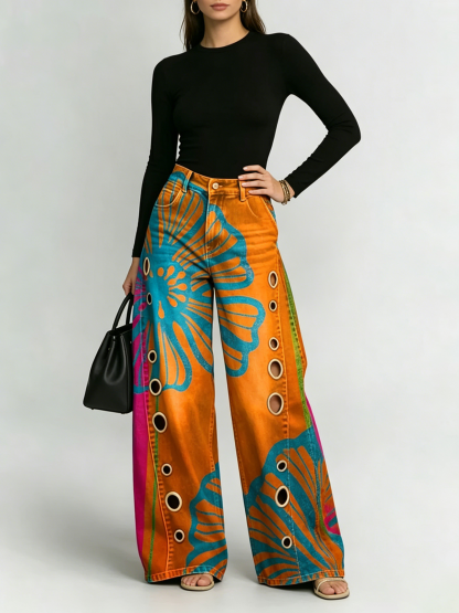 Women's Retro Floral Art Print Casual Stylish Hollow Pants