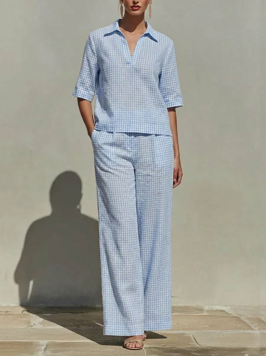 【Buy 2 Free Shipping】Today $39.99 Clearance Price🔥Women’s Cotton Linen Gingham V-Neck Wide Leg Set