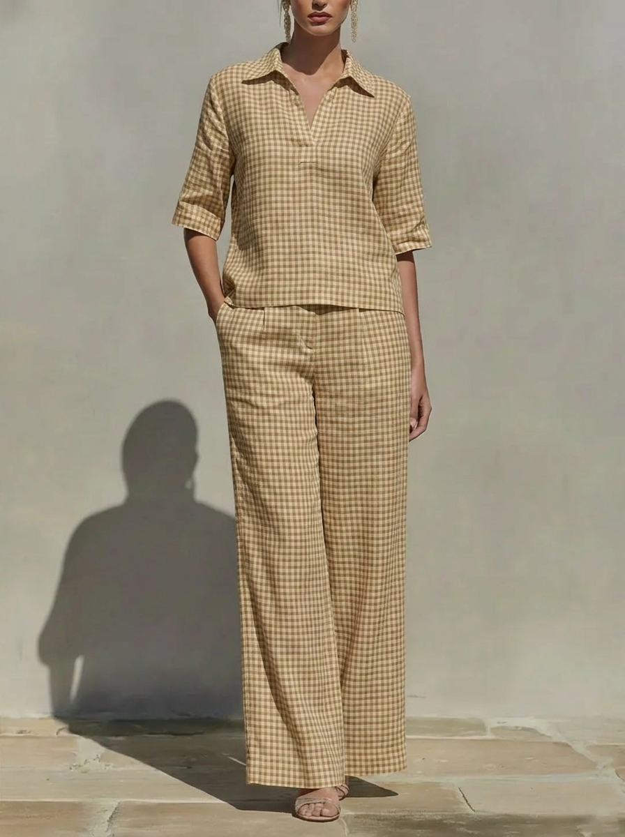 【Buy 2 Free Shipping】Today $39.99 Clearance Price🔥Women’s Cotton Linen Gingham V-Neck Wide Leg Set