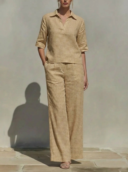 【Buy 2 Free Shipping】Today $39.99 Clearance Price🔥Women’s Cotton Linen Gingham V-Neck Wide Leg Set