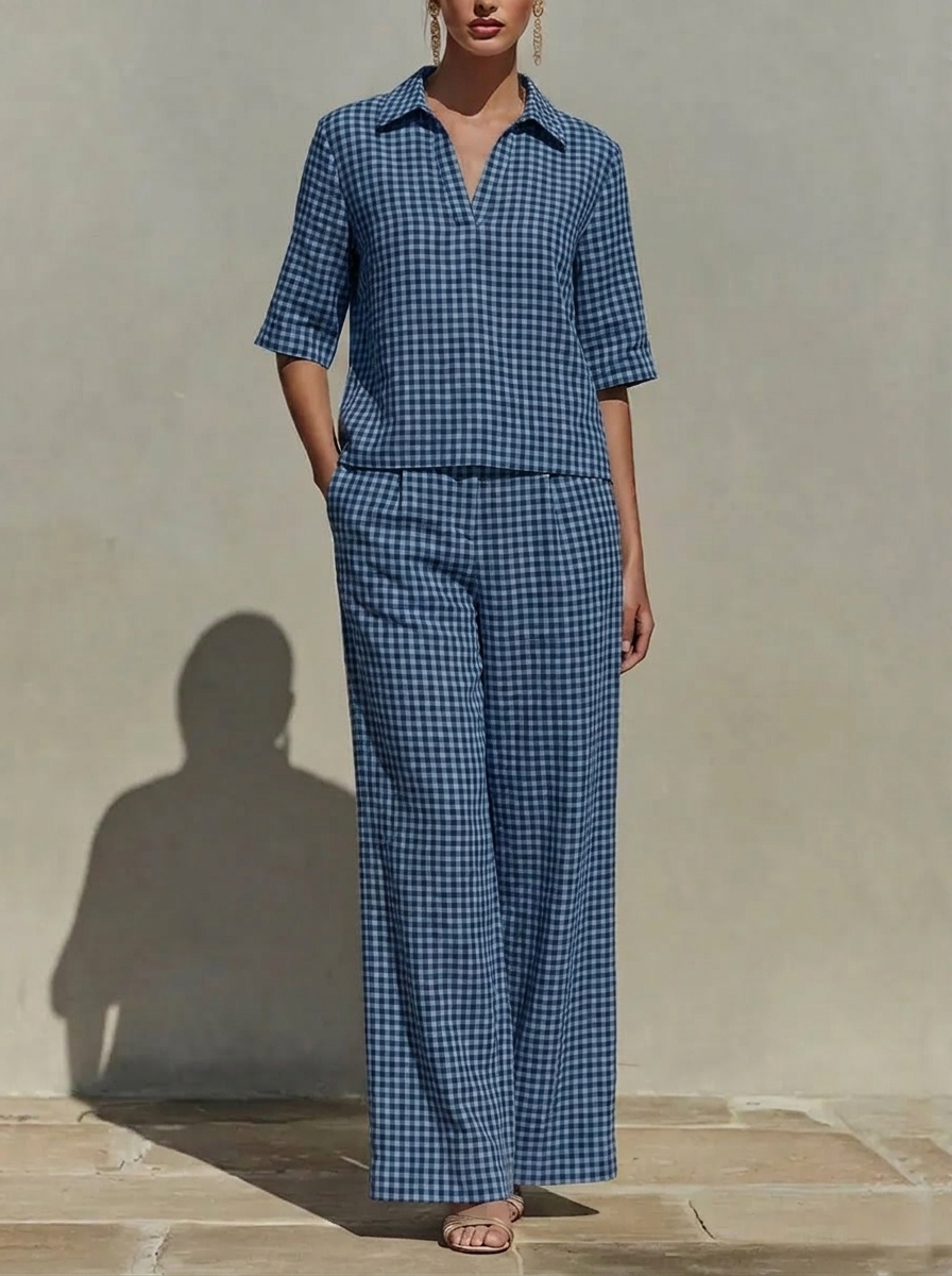 【Buy 2 Free Shipping】Today $39.99 Clearance Price🔥Women’s Cotton Linen Gingham V-Neck Wide Leg Set