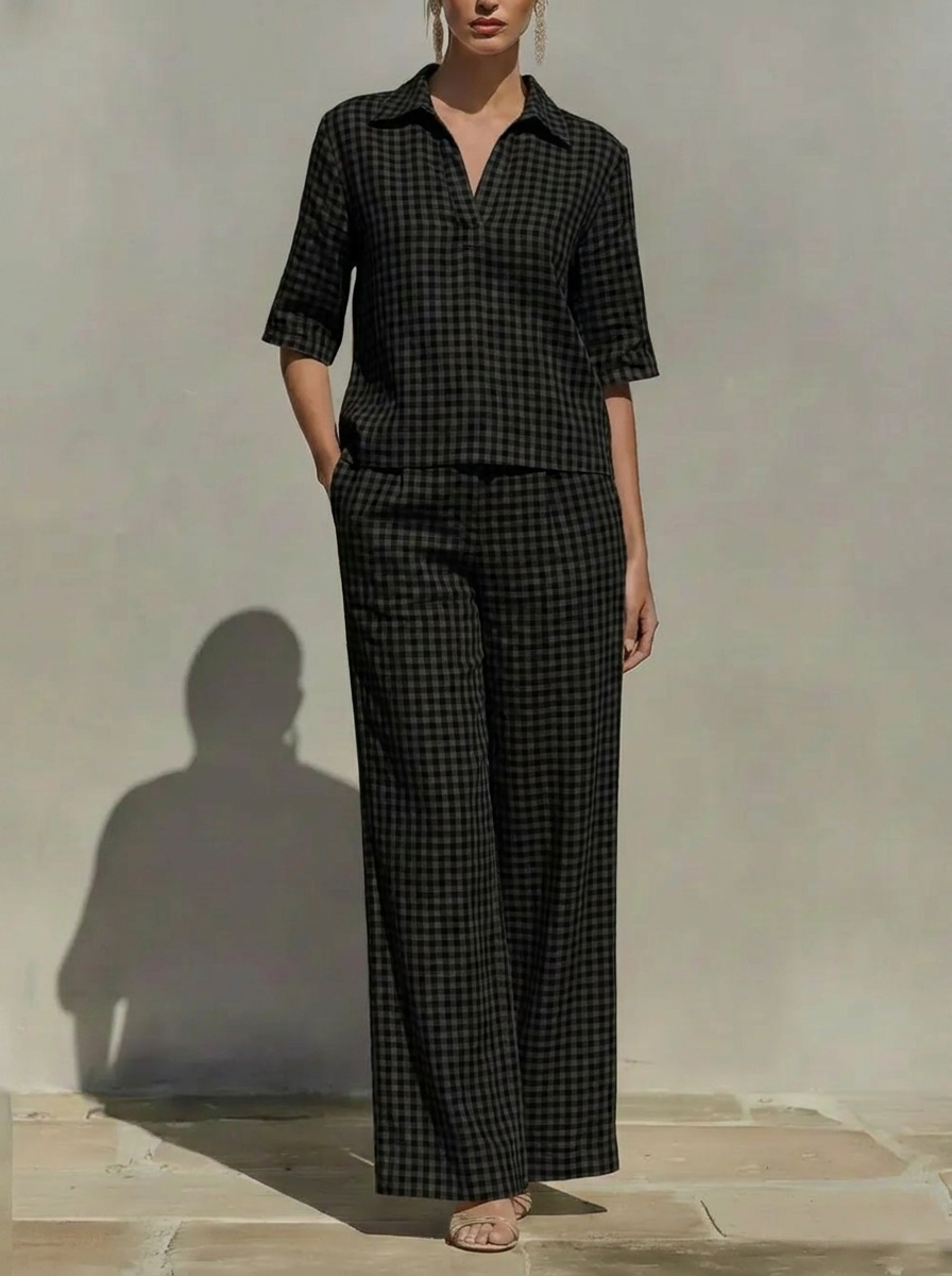【Buy 2 Free Shipping】Today $39.99 Clearance Price🔥Women’s Cotton Linen Gingham V-Neck Wide Leg Set