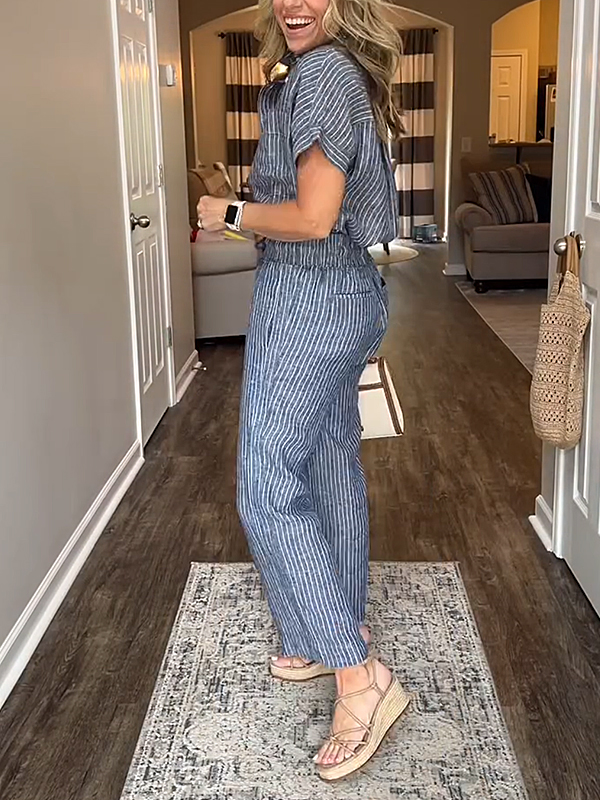 ⏰ LAST DAY SAVE 50% 💥Cotton Linen Striped Classic Pocket Shirt Set