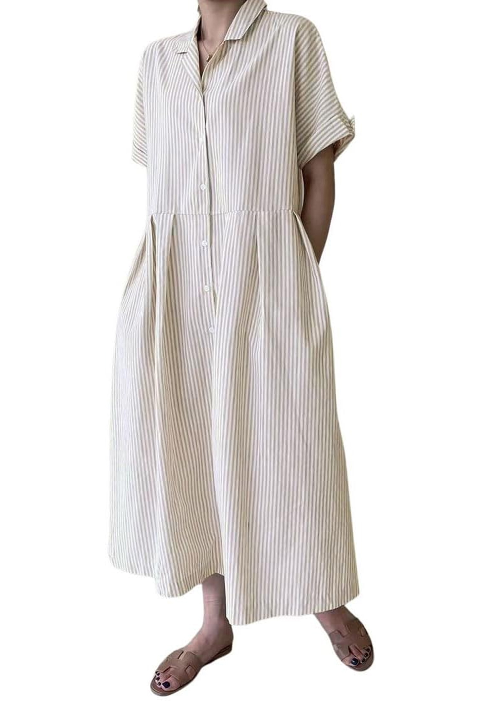 Women's Cotton Striped Shirt Dress Button Up Short Sleeve Midi Long Shift Dress with Pockets(Buy 2 free shipping)