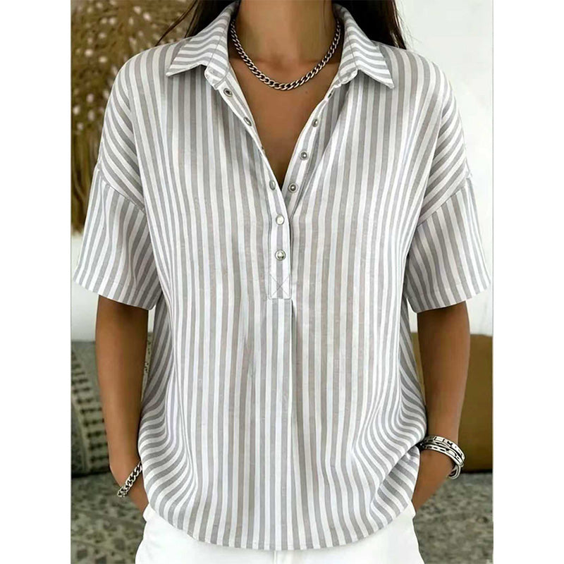 Women's Striped Short-Sleeve Shirt – Relaxed Fit, V Neck, 9 Colors 🍂