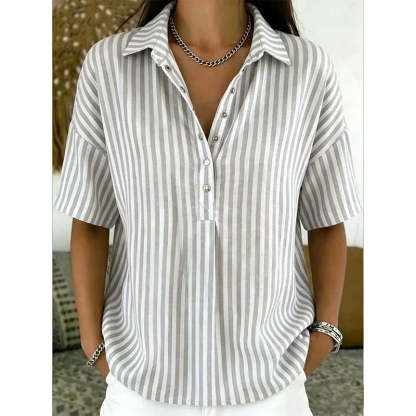 Women's Striped Short-Sleeve Shirt – Relaxed Fit, V Neck, 9 Colors 🍂