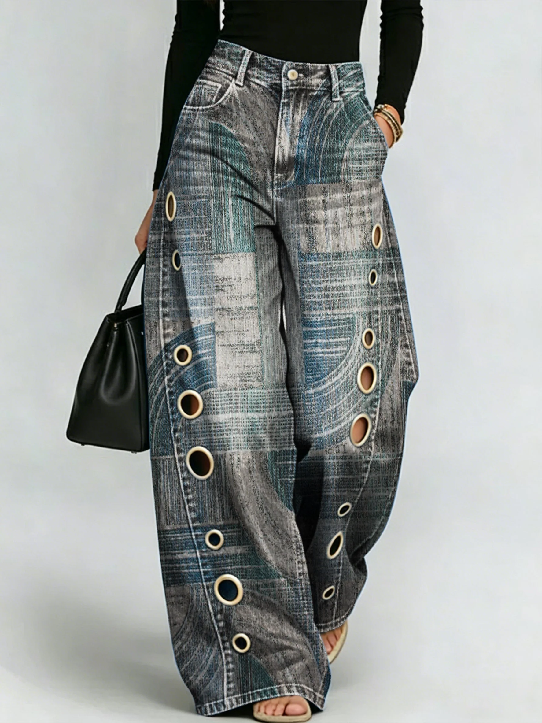 50% OFF Retro Graphic Print Wide Leg Pants Stylish Hollow Out Grommet Denim Trousers