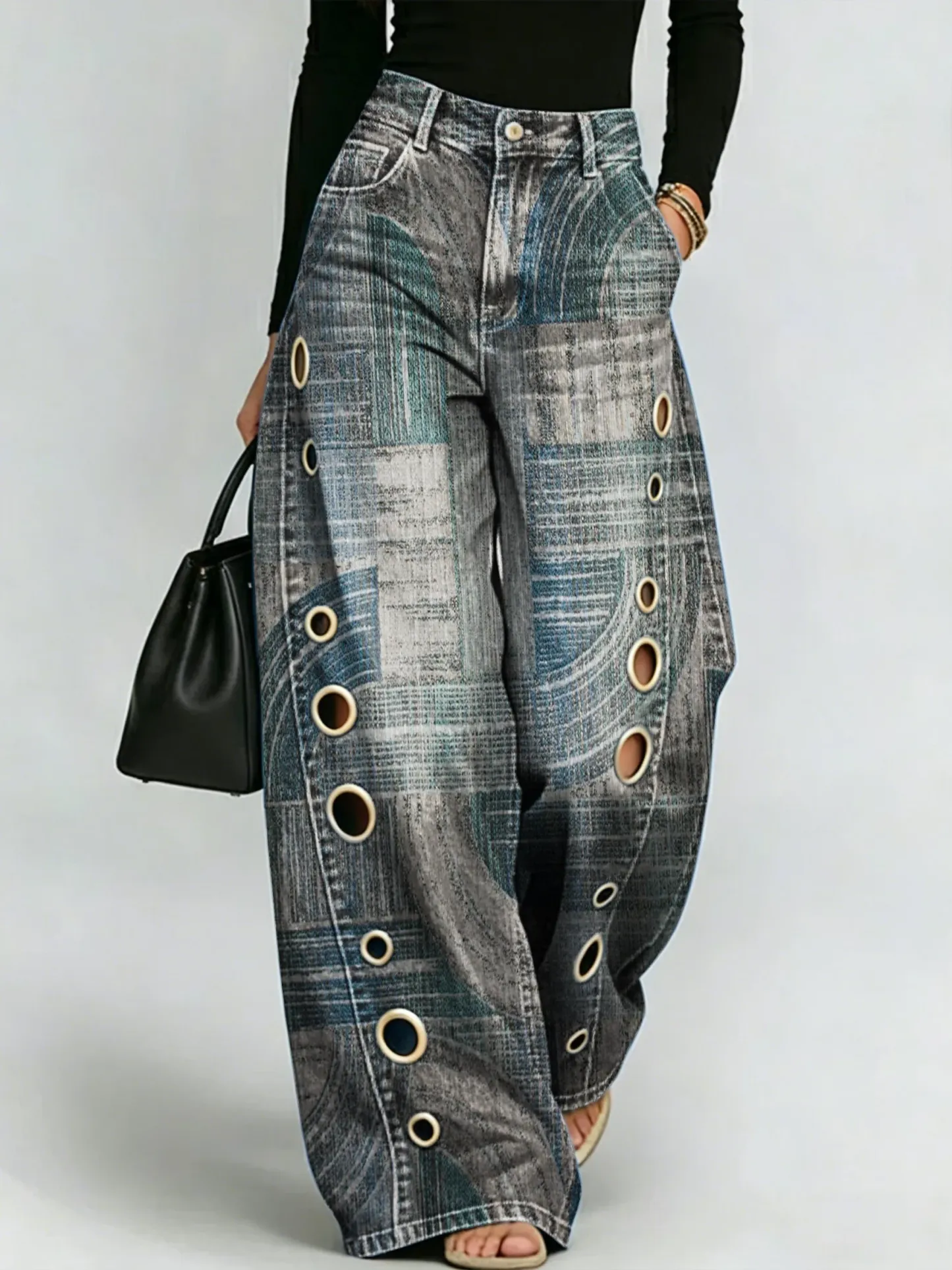 50% OFF Retro Graphic Print Wide Leg Pants Stylish Hollow Out Grommet Denim Trousers