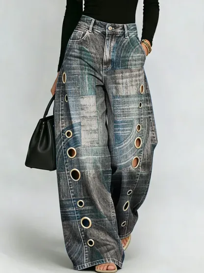 50% OFF Retro Graphic Print Wide Leg Pants Stylish Hollow Out Grommet Denim Trousers