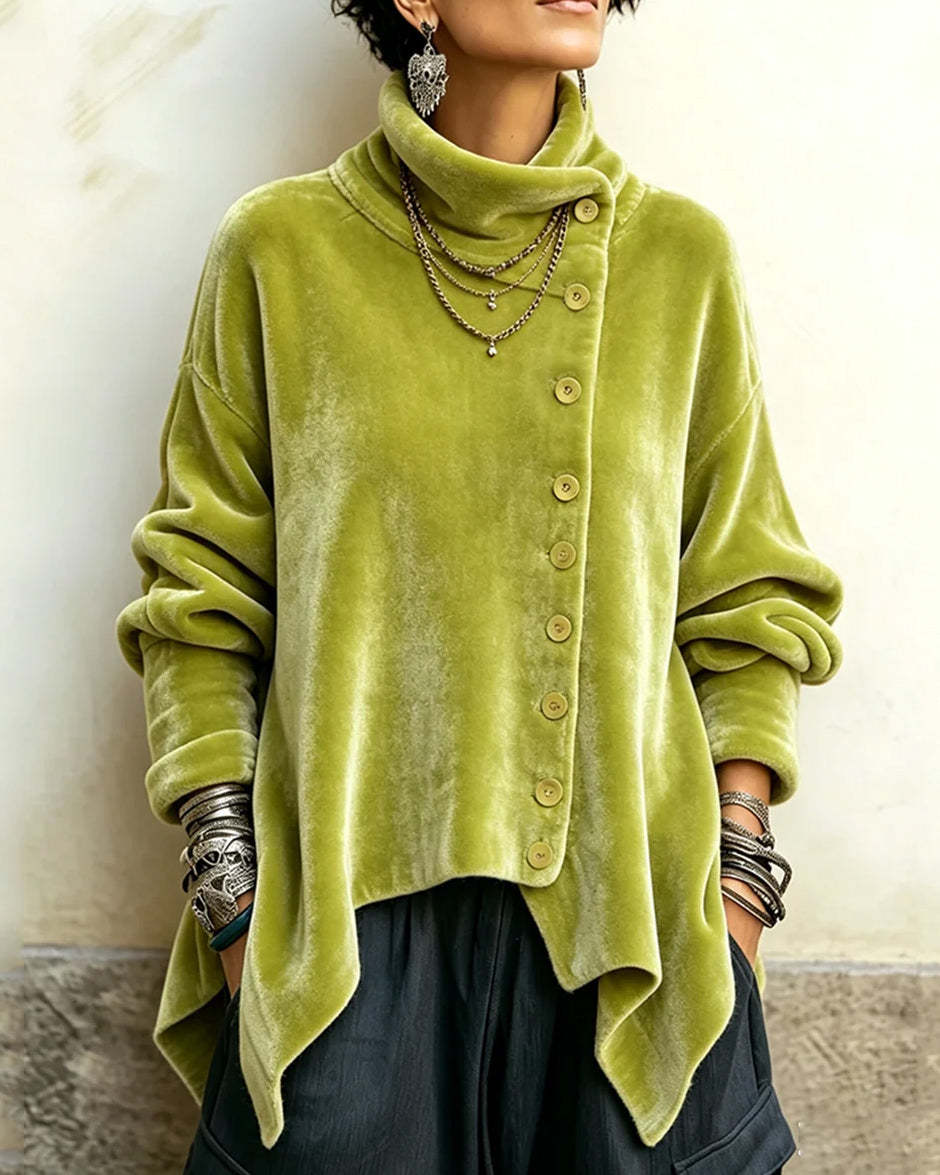 Women's Chic Velvet Asymmetric Button Turtleneck Top