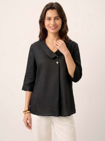 Women's 100% Linen Long-Sleeve Top with Asymmetric Neckline and Inverted Pleat
