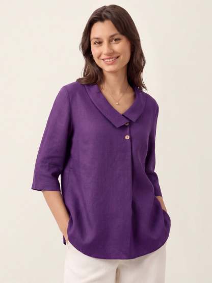 Women's 100% Linen Long-Sleeve Top with Asymmetric Neckline and Inverted Pleat