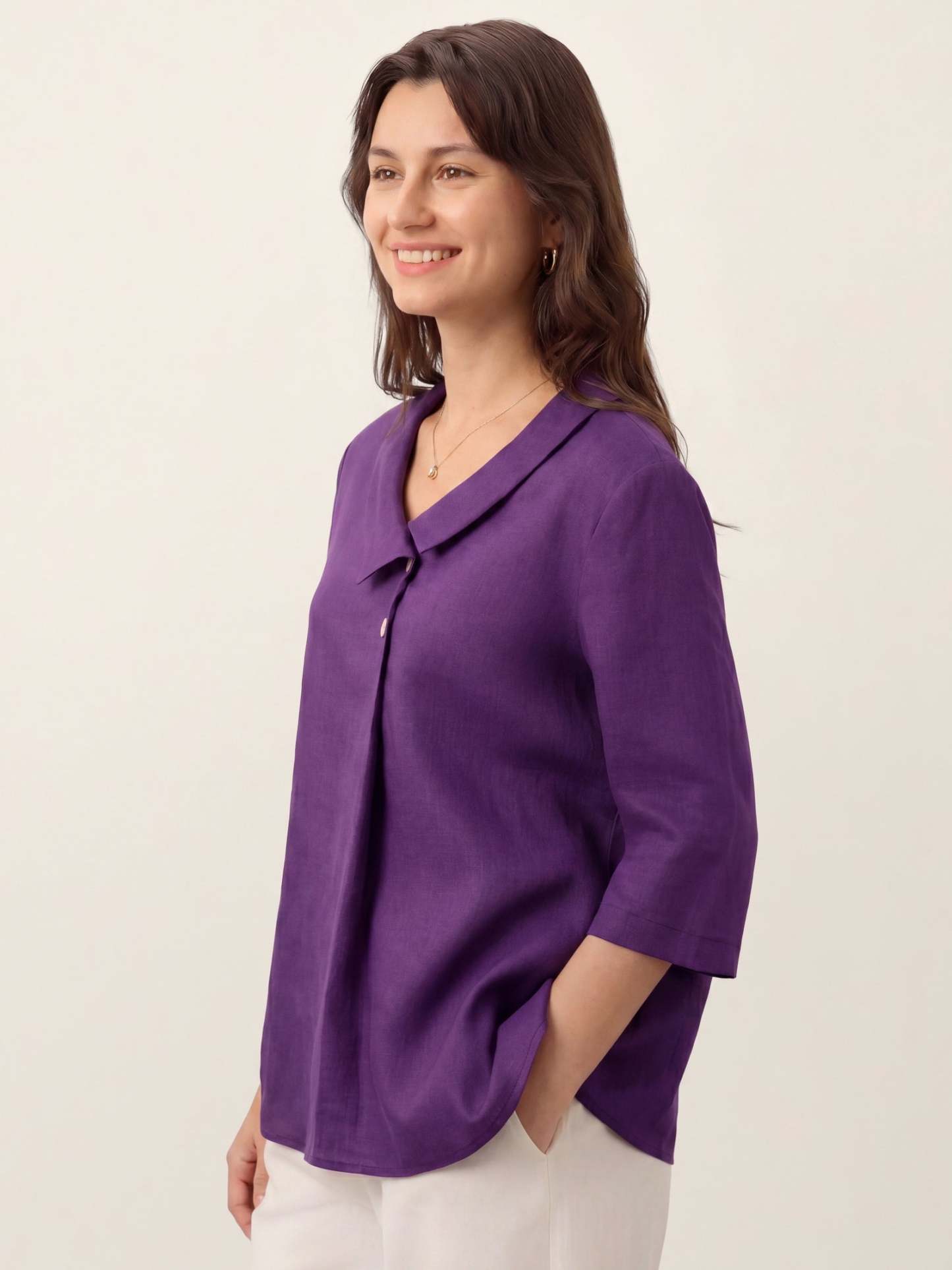 Women's 100% Linen Long-Sleeve Top with Asymmetric Neckline and Inverted Pleat