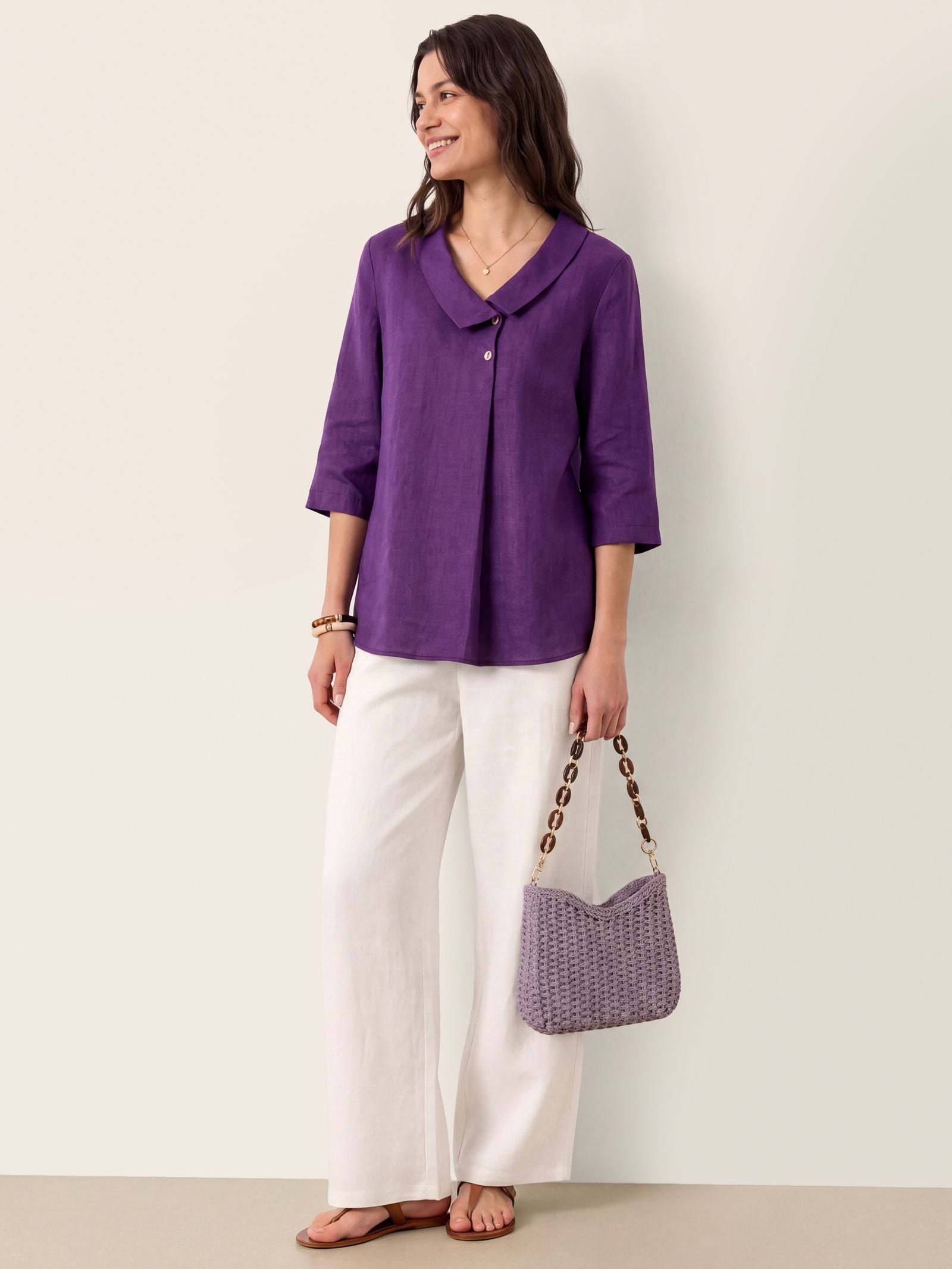 Women's 100% Linen Long-Sleeve Top with Asymmetric Neckline and Inverted Pleat