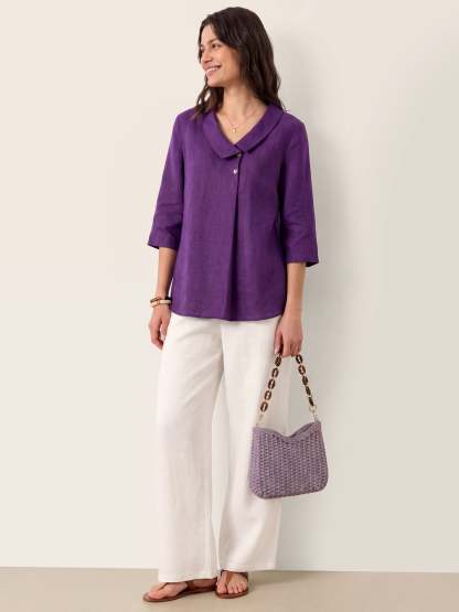 Women's 100% Linen Long-Sleeve Top with Asymmetric Neckline and Inverted Pleat
