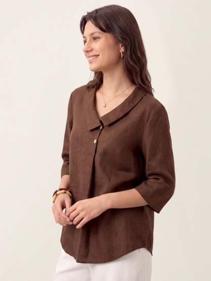Women's 100% Linen Long-Sleeve Top with Asymmetric Neckline and Inverted Pleat