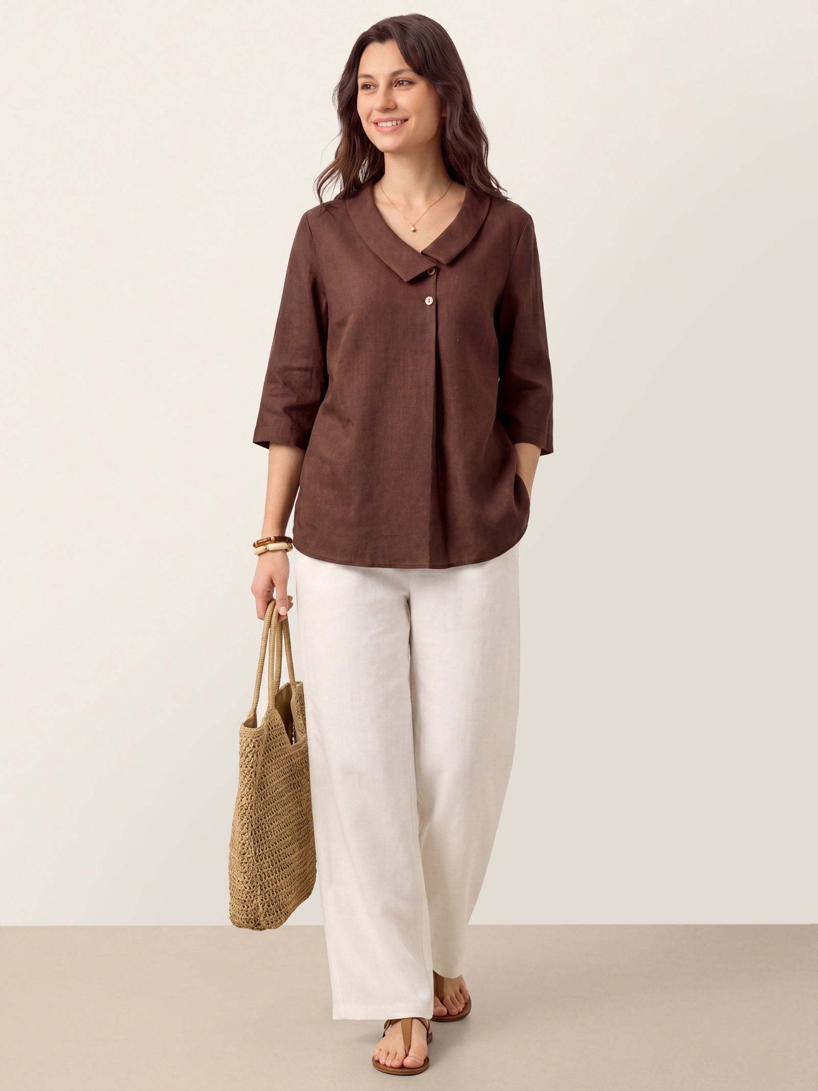 Women's 100% Linen Long-Sleeve Top with Asymmetric Neckline and Inverted Pleat