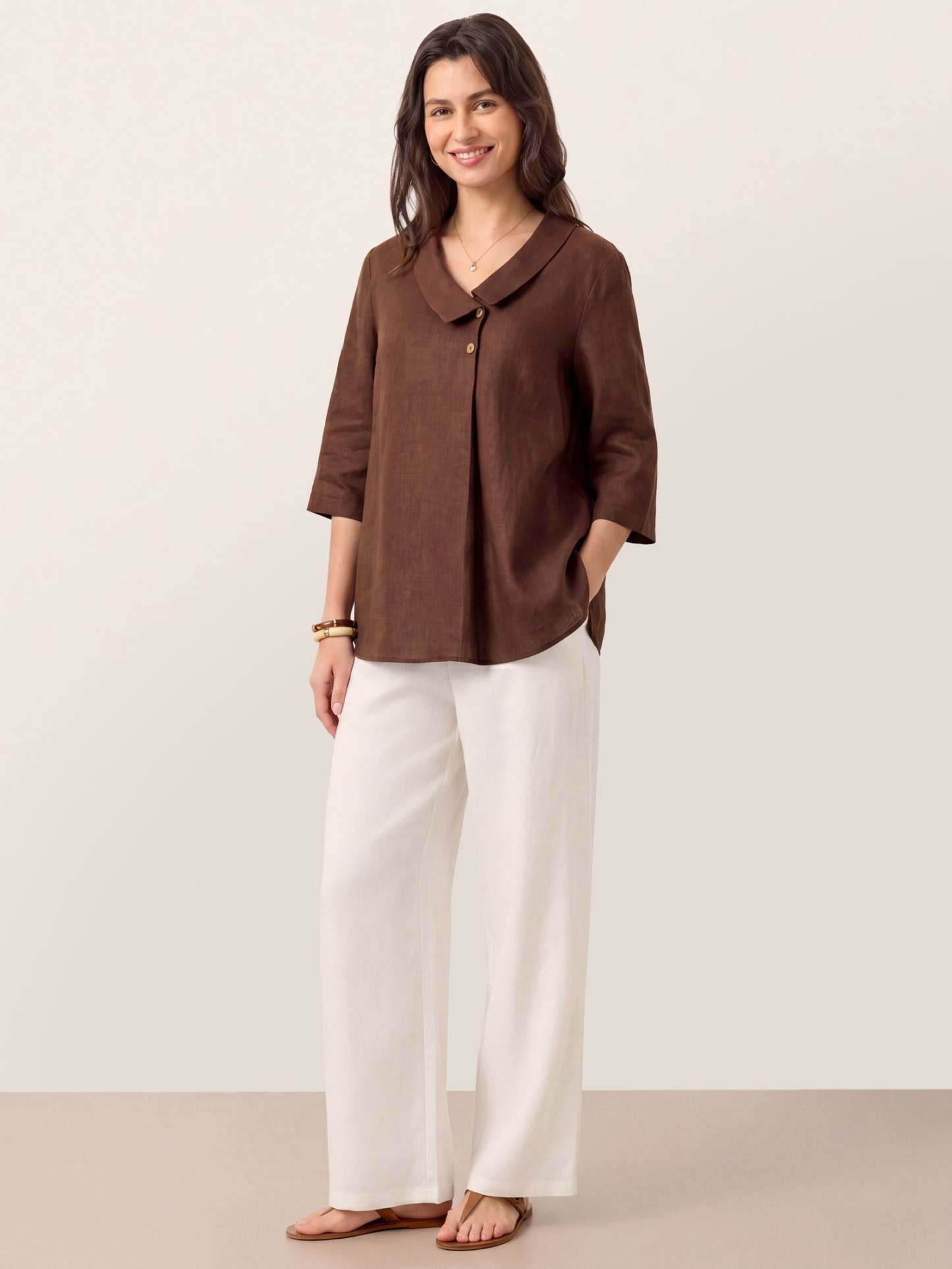 Women's 100% Linen Long-Sleeve Top with Asymmetric Neckline and Inverted Pleat
