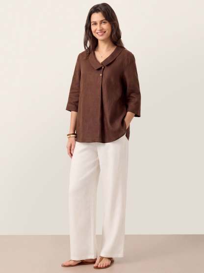 Women's 100% Linen Long-Sleeve Top with Asymmetric Neckline and Inverted Pleat