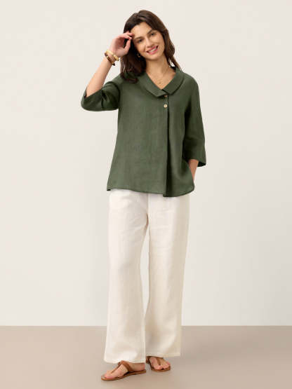 Women's 100% Linen Long-Sleeve Top with Asymmetric Neckline and Inverted Pleat