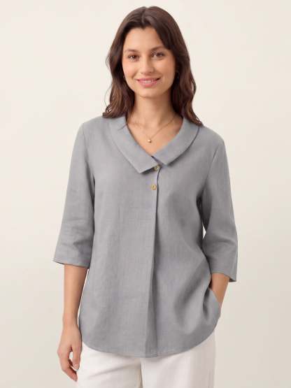 Women's 100% Linen Long-Sleeve Top with Asymmetric Neckline and Inverted Pleat