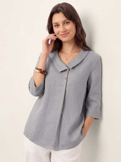 Women's 100% Linen Long-Sleeve Top with Asymmetric Neckline and Inverted Pleat