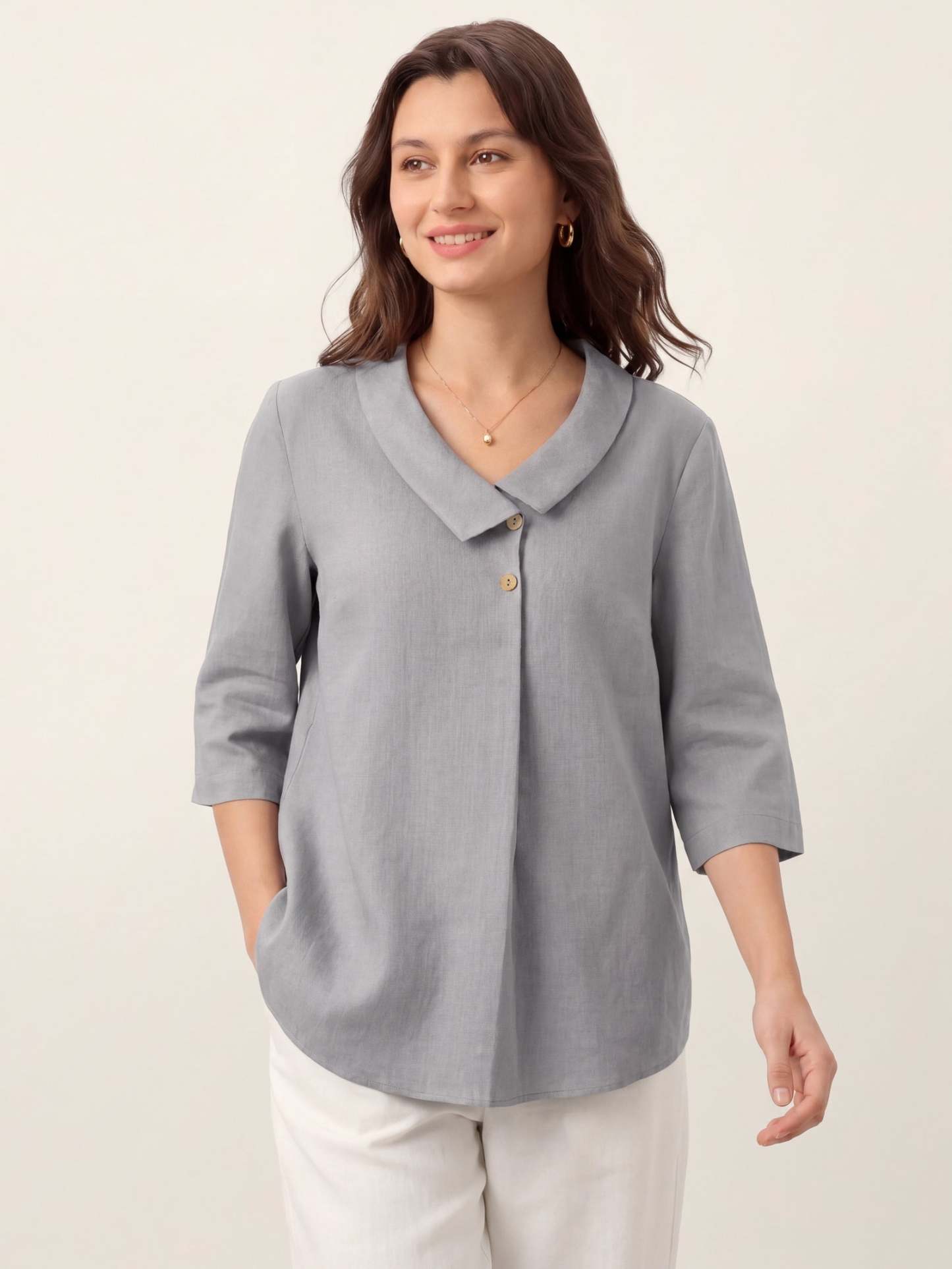Women's 100% Linen Long-Sleeve Top with Asymmetric Neckline and Inverted Pleat