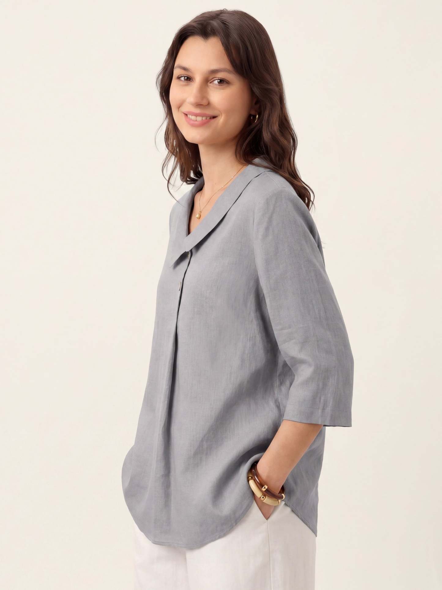 Women's 100% Linen Long-Sleeve Top with Asymmetric Neckline and Inverted Pleat