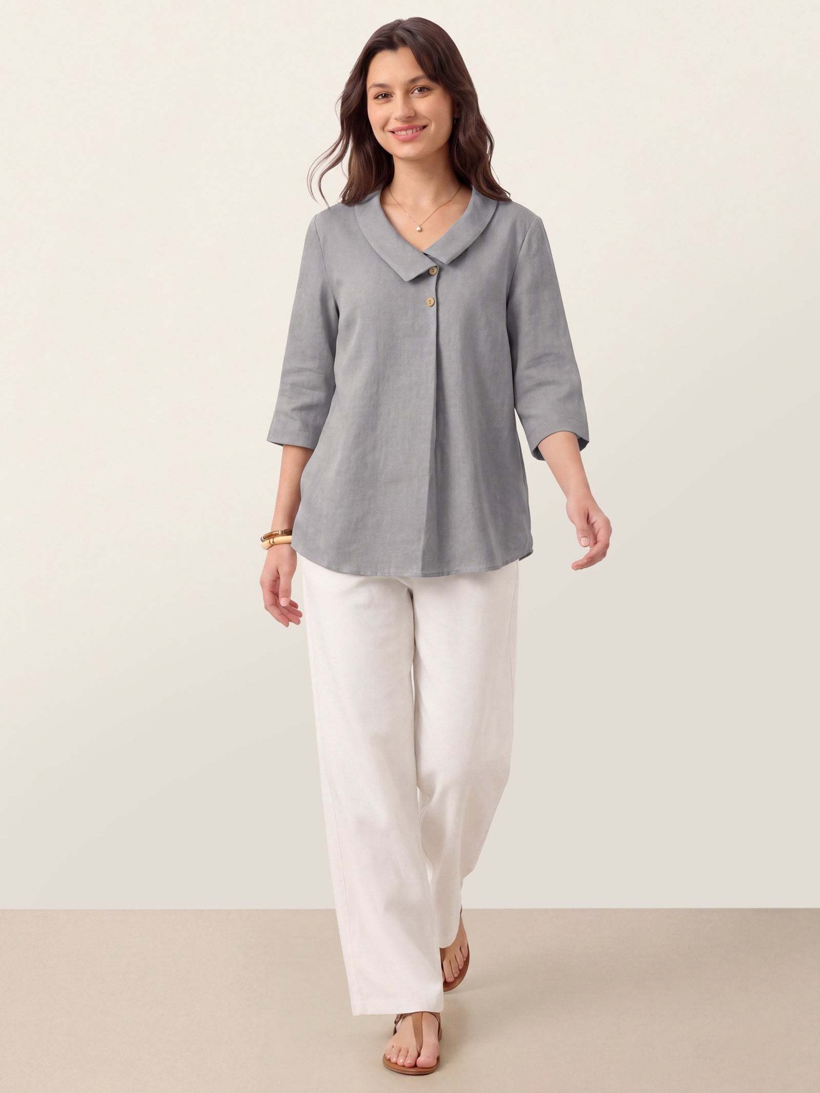 Women's 100% Linen Long-Sleeve Top with Asymmetric Neckline and Inverted Pleat