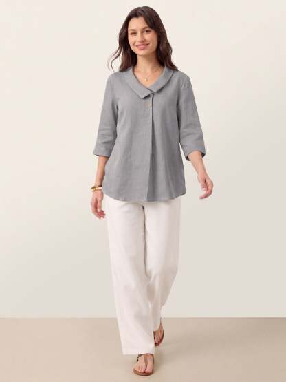 Women's 100% Linen Long-Sleeve Top with Asymmetric Neckline and Inverted Pleat