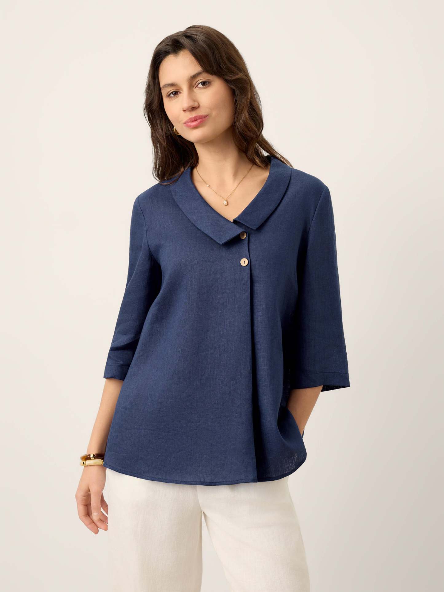 Women's 100% Linen Long-Sleeve Top with Asymmetric Neckline and Inverted Pleat