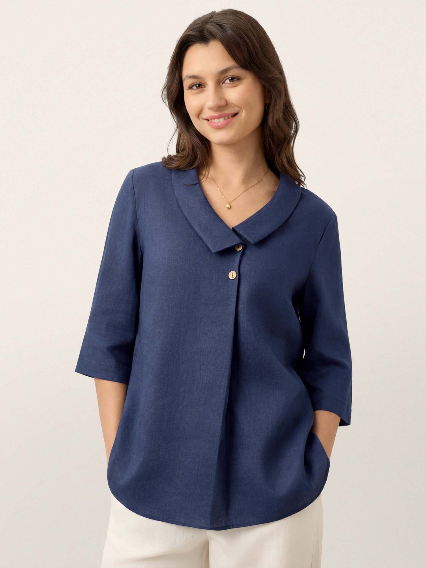 Women's 100% Linen Long-Sleeve Top with Asymmetric Neckline and Inverted Pleat