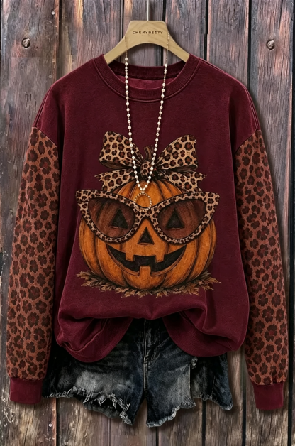 Vintage Halloween Leopard Pumpkin Print Sweatshirt