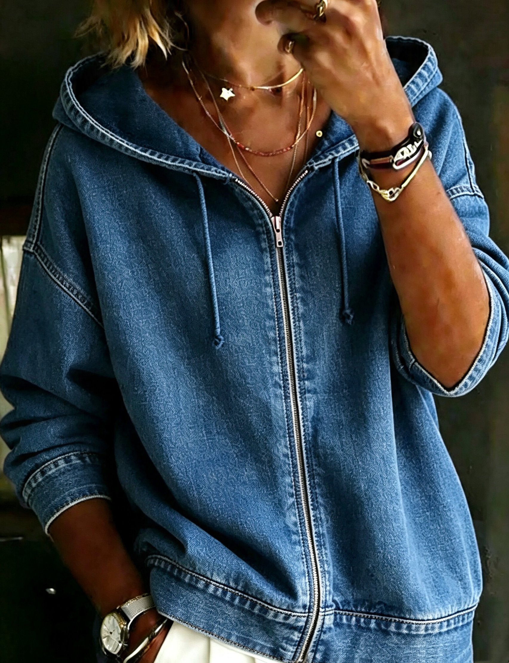 Women's Casual Long Sleeve Denim Zipper Hoodie Coat